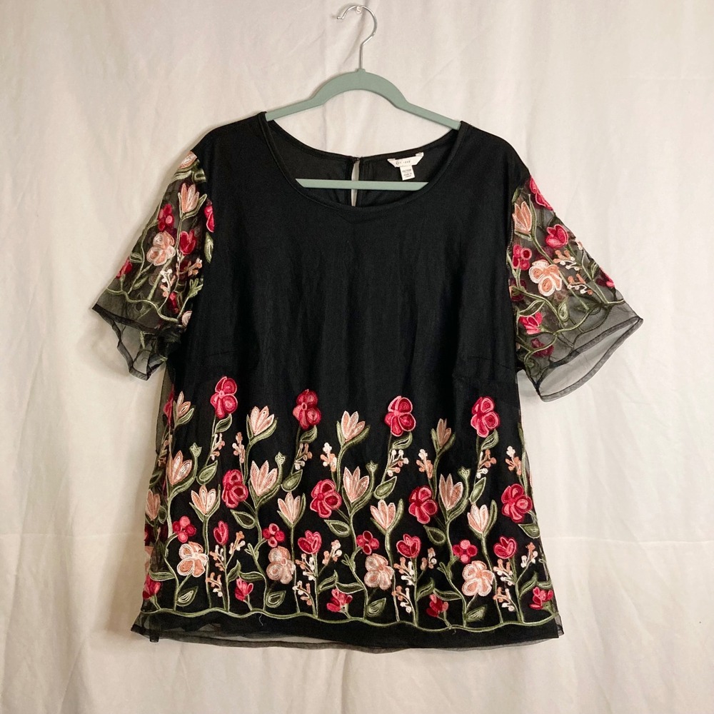 Black Floral Embroidered Mesh Blouse Top Est. 1946 Plus Size 18/20W Cottagecore